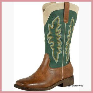 Faux Leather Cowboy Boots with Square Toe and Embroidered Design